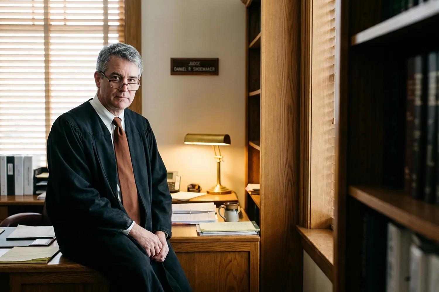Hon. Daniel R. Shoemaker in his judicial chambers, looking at the camera over reading glasses.