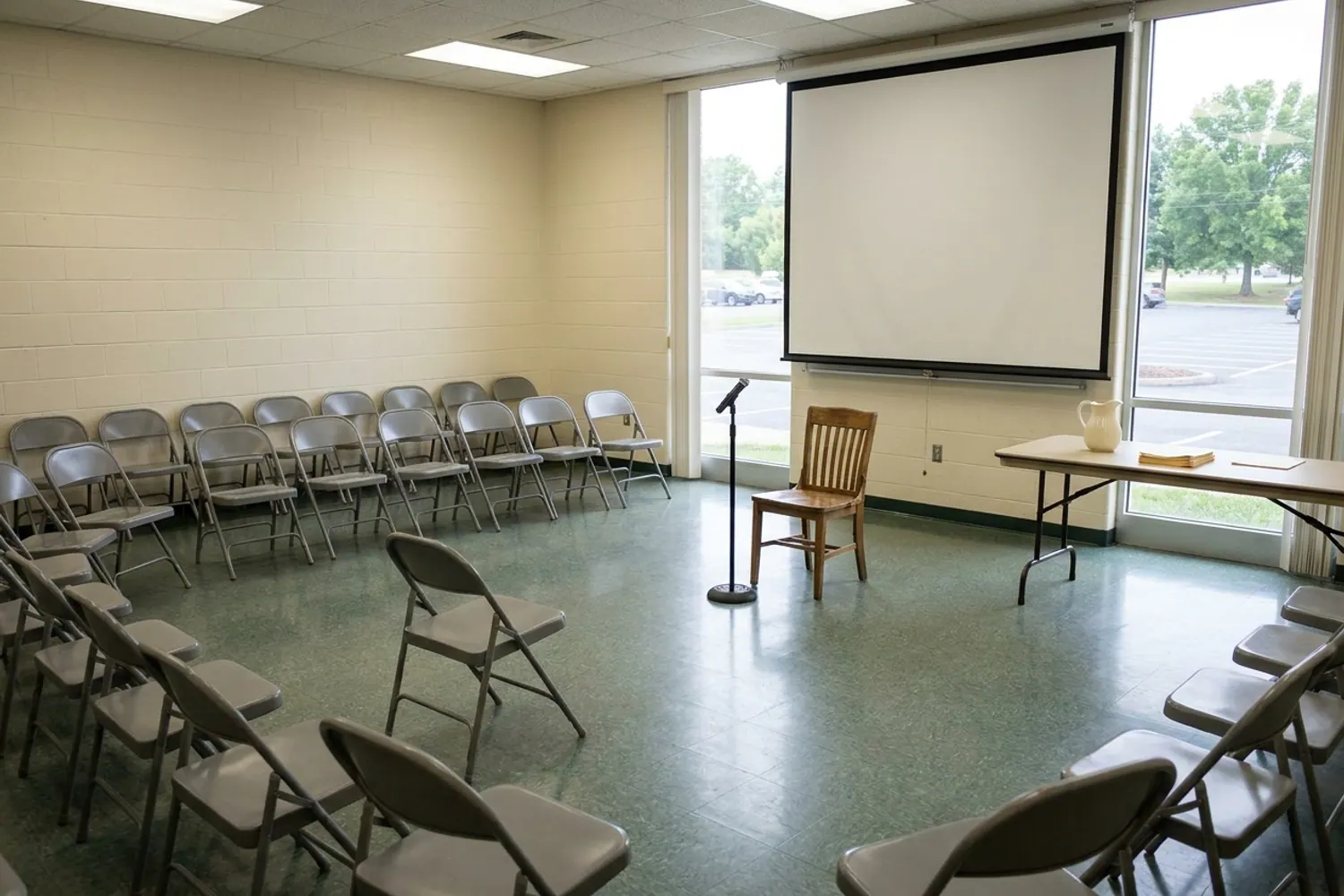 A community college lecture hall in East Tennessee, set up an hour before a public Q&A — folding chairs in a semicircle, a single wooden chair and microphone at the front.
