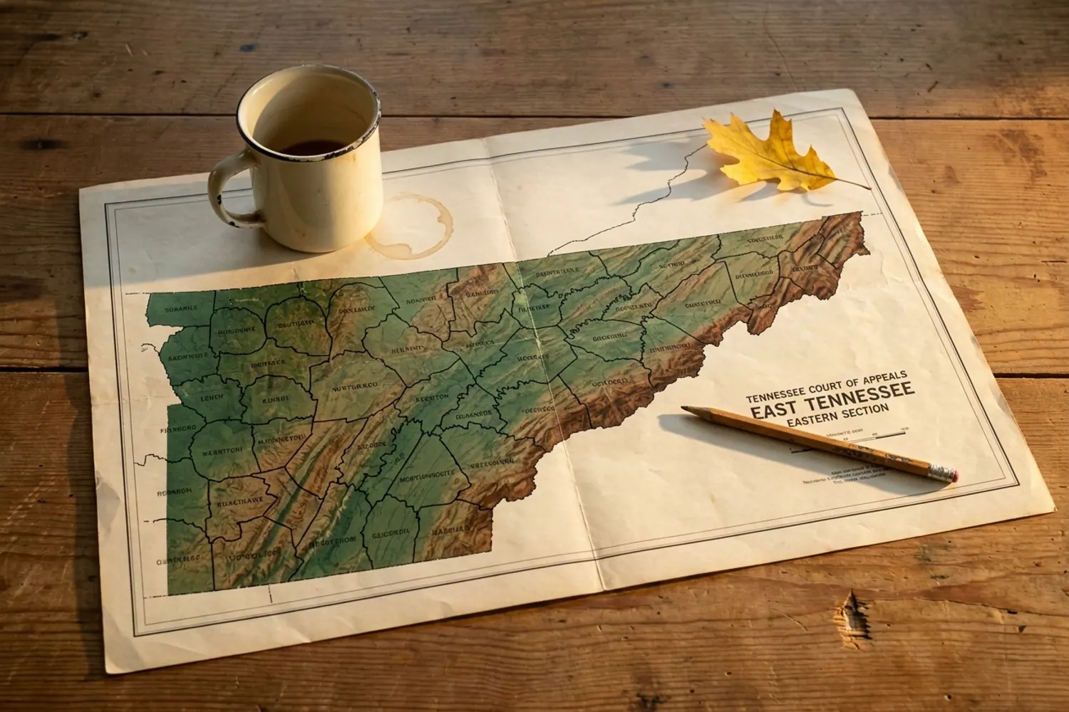 A folded TDOT topographic map of the Tennessee Court of Appeals Eastern Section laid out on a pine farmhouse table.