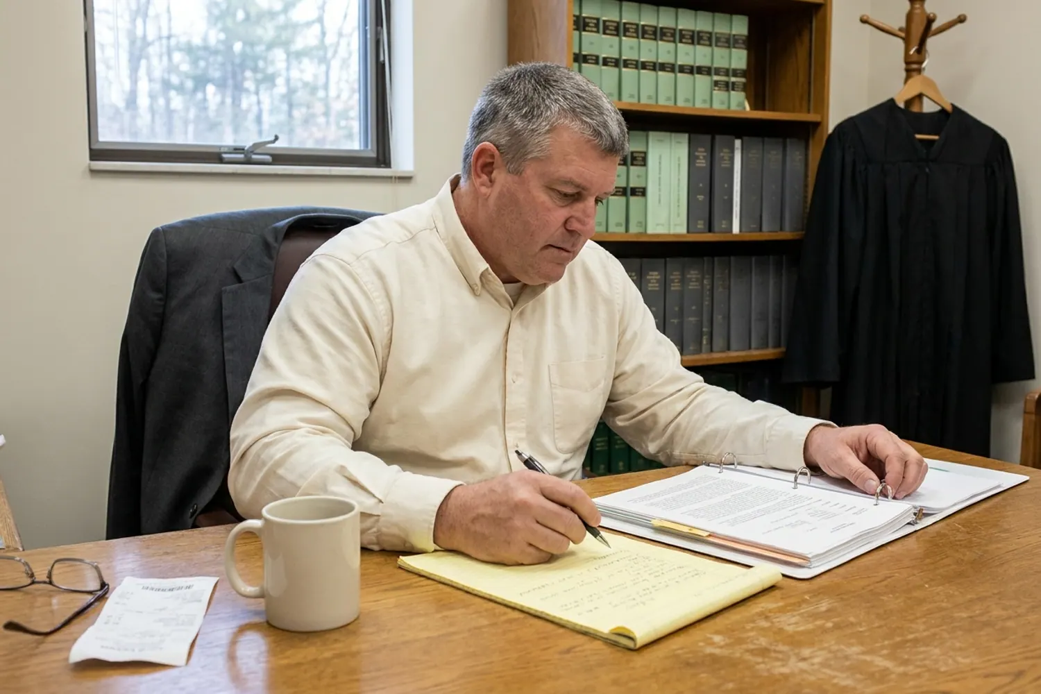 The judge at his working desk inside the courthouse, mid-afternoon.
